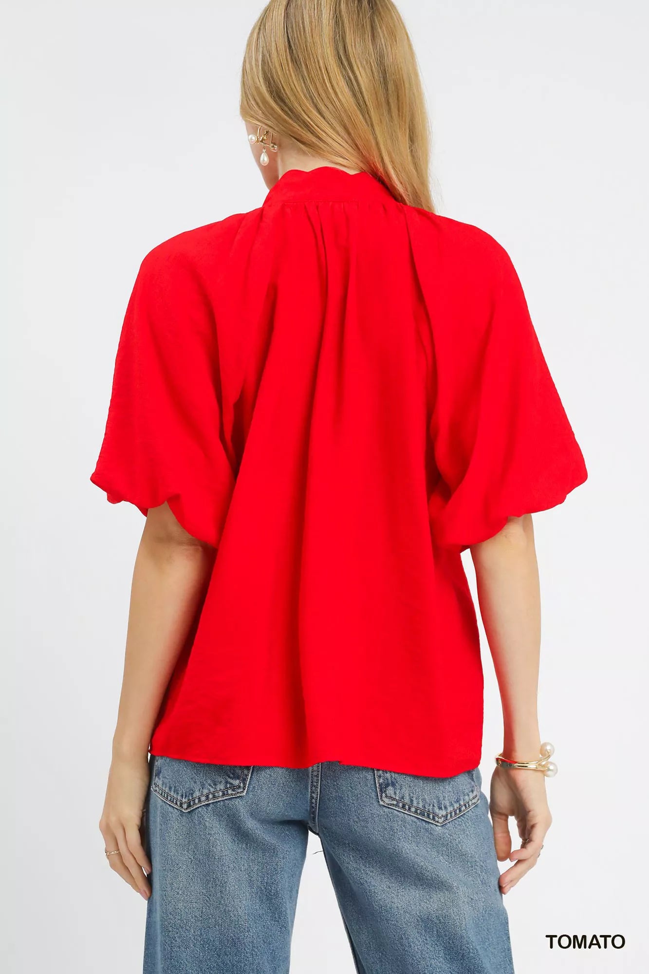 Vibrant red Umgee embroidered boho puff sleeve blouse with gathered neckline