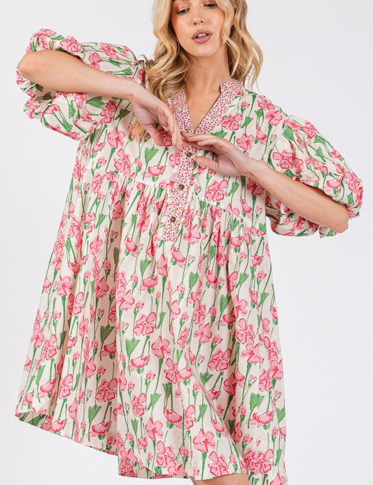 SAGE + FIG Floral Half Button Notched Puff Sleeve Dress