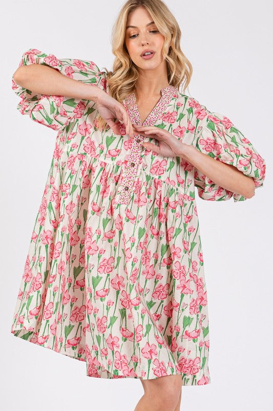 SAGE + FIG Floral Half Button Notched Puff Sleeve Dress