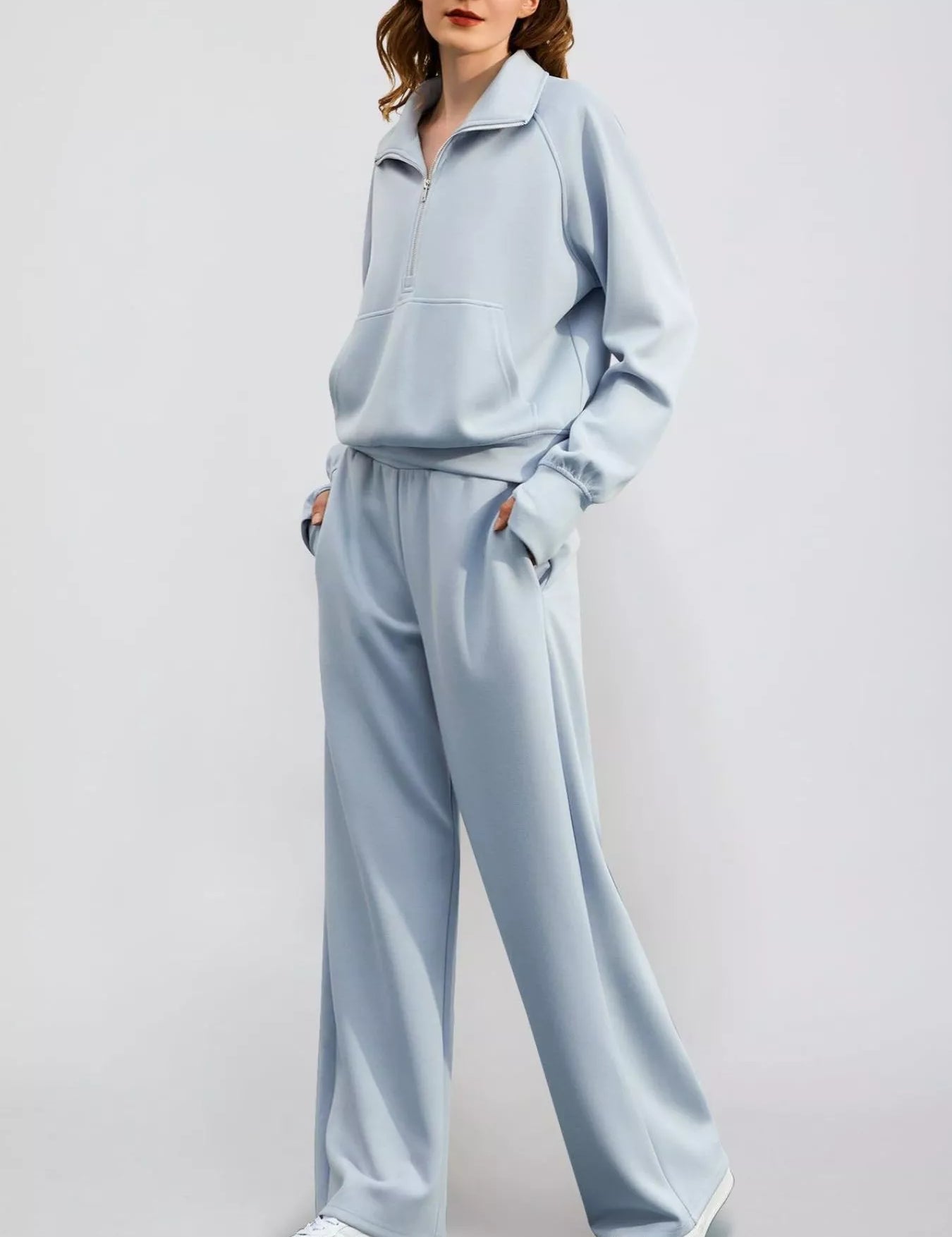 Light Blue Full Size Half-Zip Sweatshirt and Wide-Leg Pants Set Plus Size | Outfit Sets Daverri Fashions