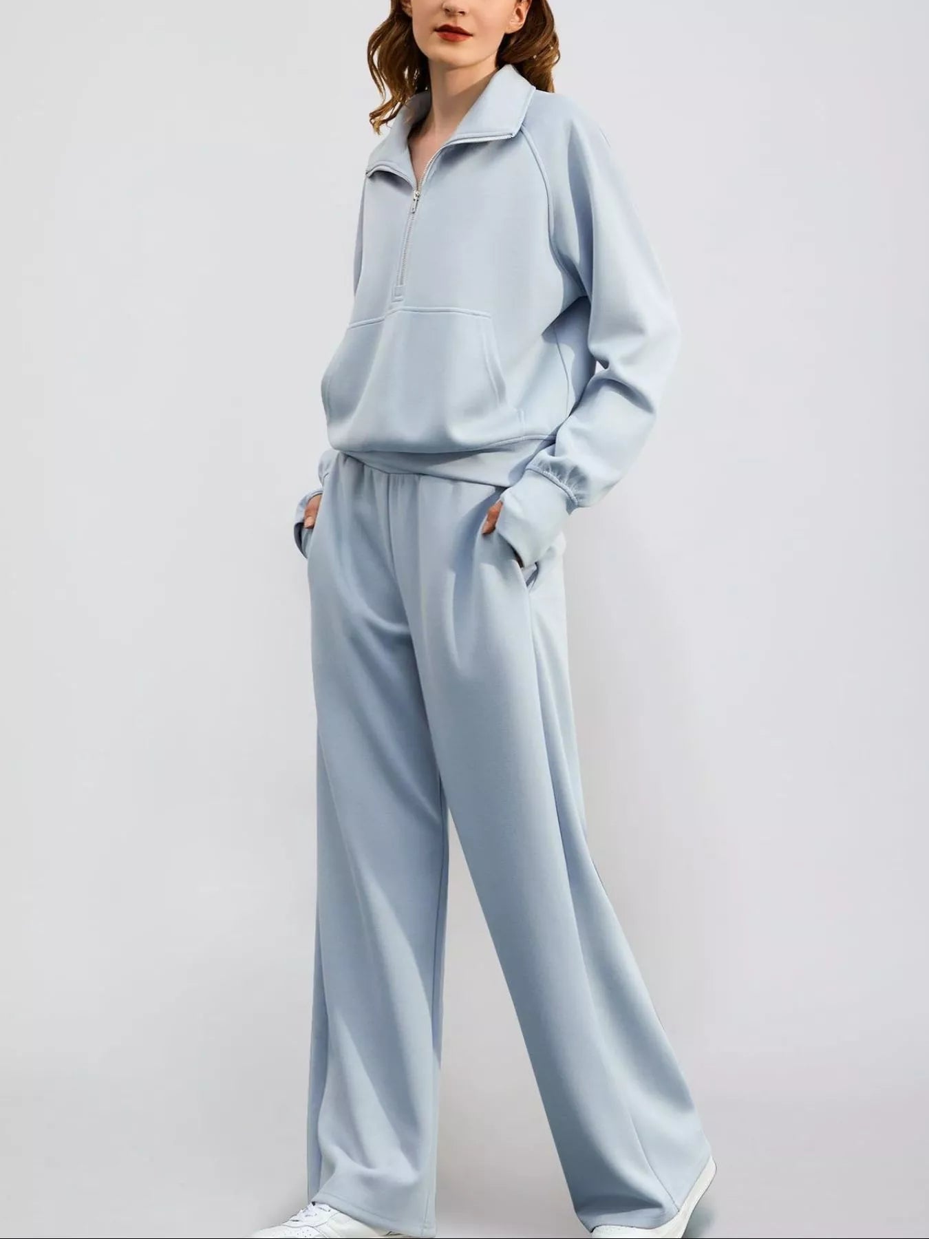 Light Blue Full Size Half-Zip Sweatshirt and Wide-Leg Pants Set Plus Size | Outfit Sets Daverri Fashions