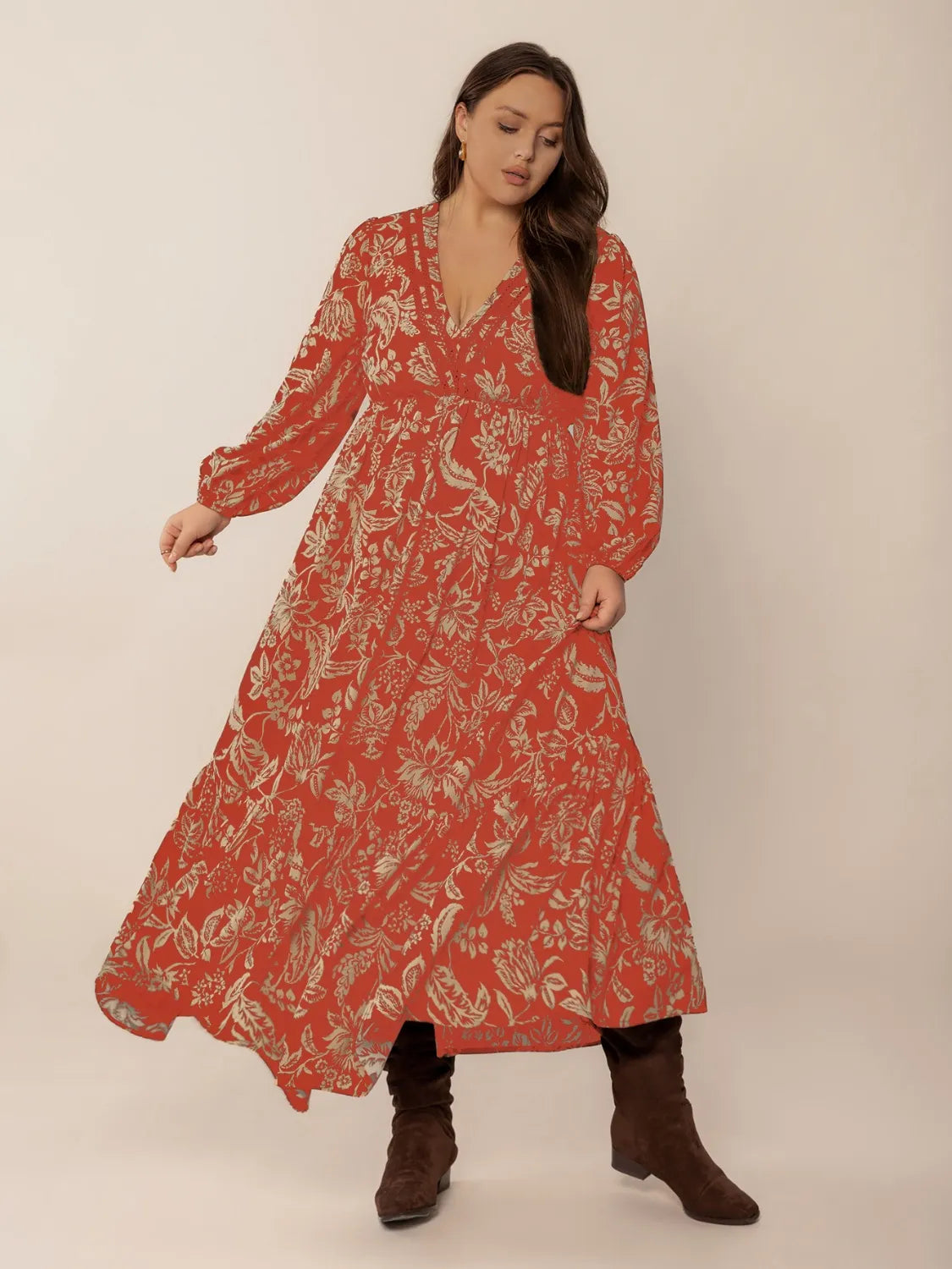Plus Size Lace Detail Printed Balloon Sleeve Midi Dress | Daverri Fashions
