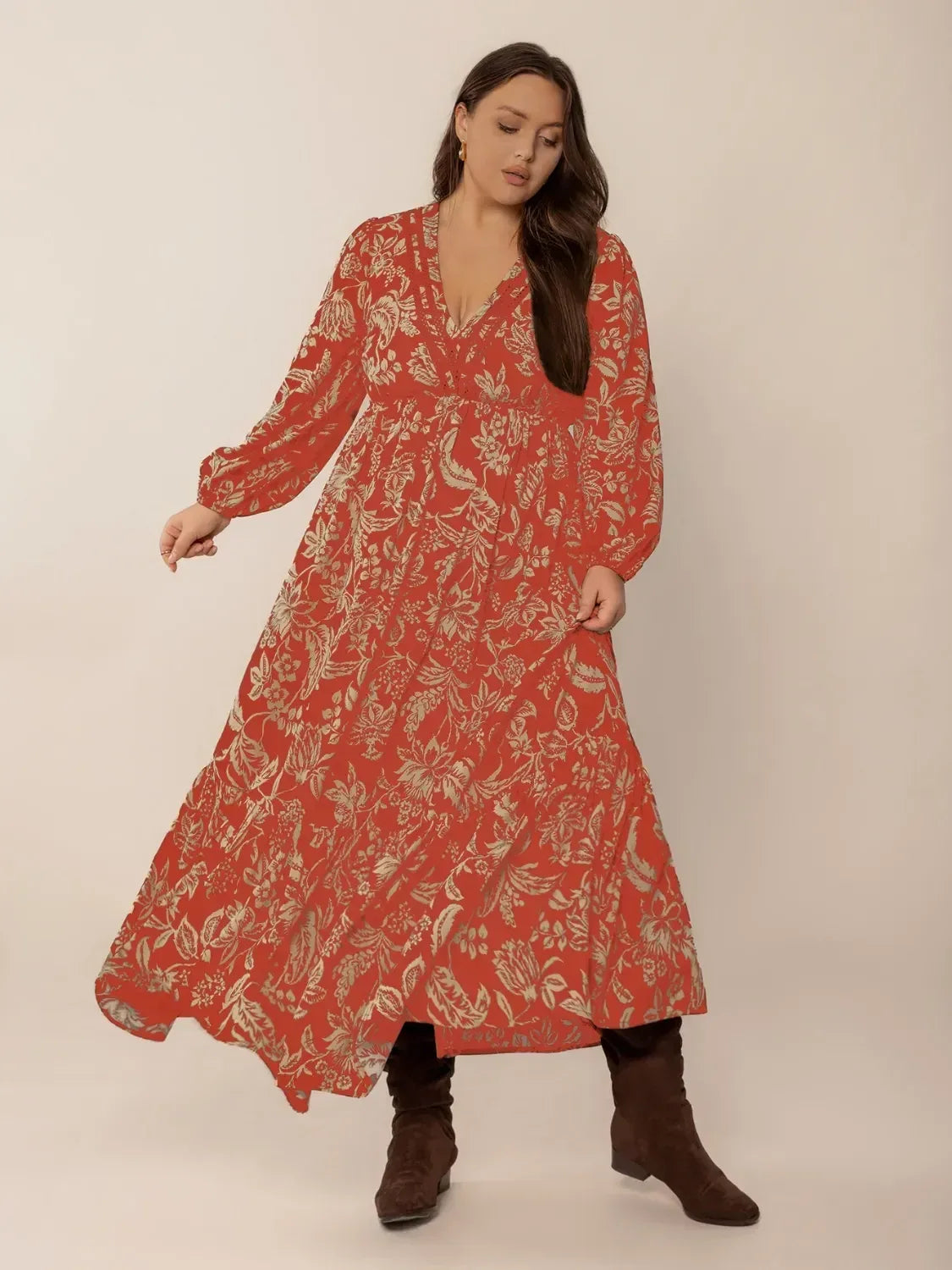 Plus Size Lace Detail Printed Balloon Sleeve Midi Dress - DAVERRI FASHIONS