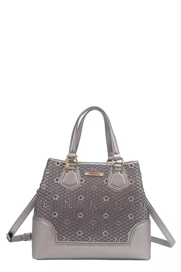 Monogram Pattern Handbag with Rhinestones Decor - DAVERRI FASHIONS