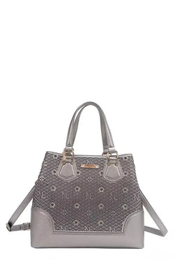 Monogram Pattern Handbag with Rhinestones Decor - DAVERRI FASHIONS