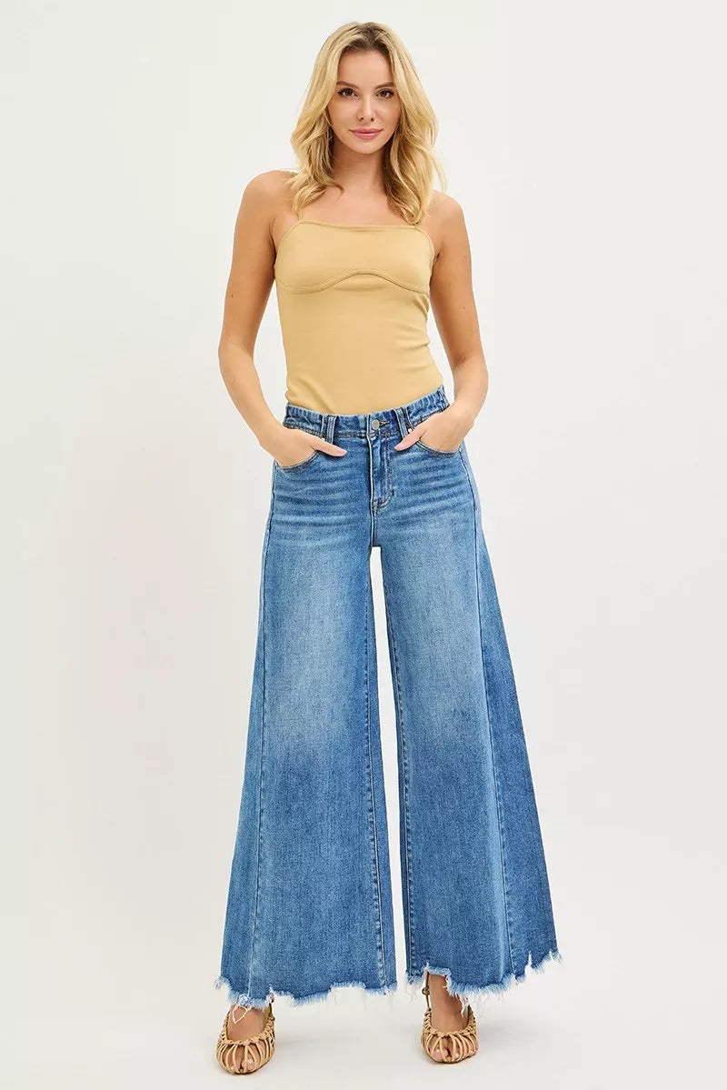 Blue Risen High Rise Ankle Wide Jeans with frayed hem