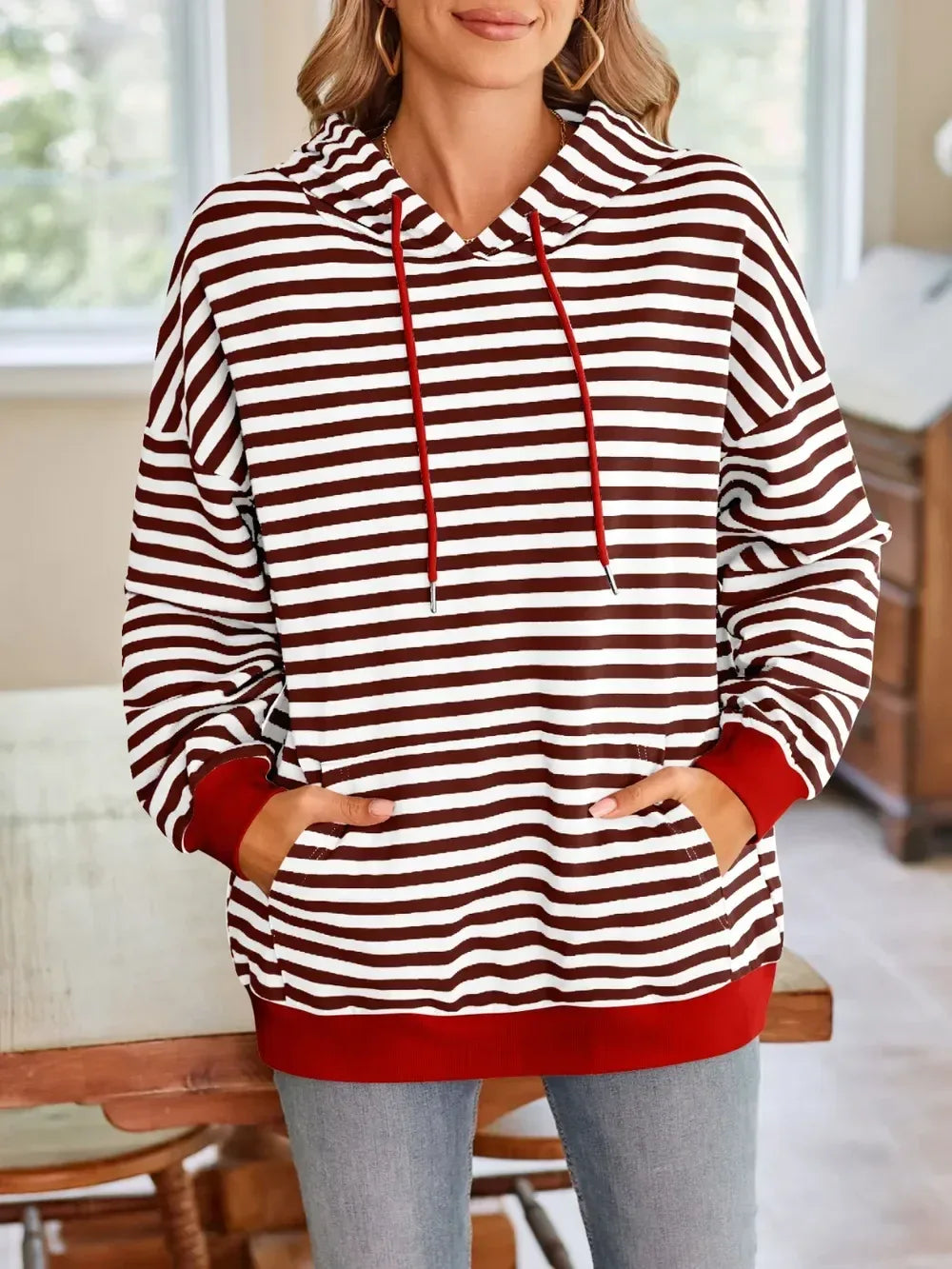 Lovelet Drawstring Striped Long Sleeve Hoodie - DAVERRI FASHIONS