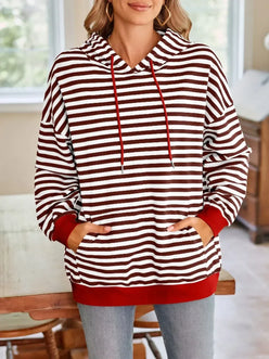 Lovelet Drawstring Striped Long Sleeve Hoodie - DAVERRI FASHIONS