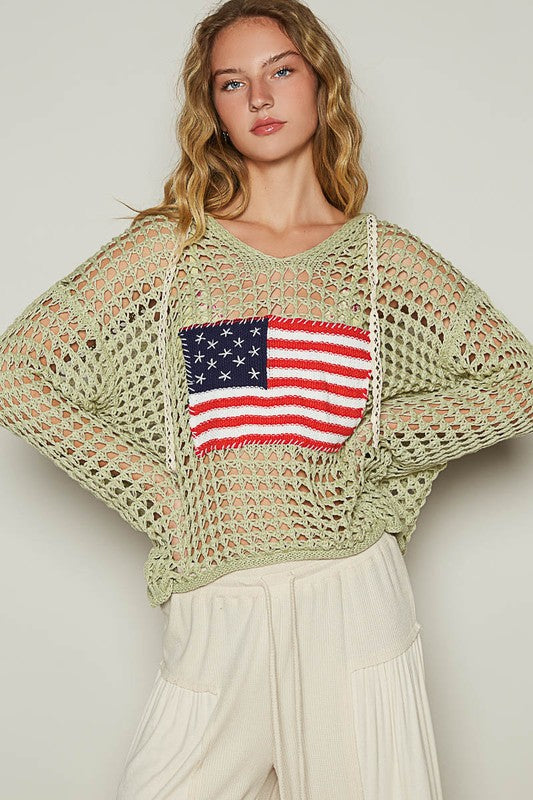 POL US Flag Hollow Out Long Sleeve Knit Cover Up