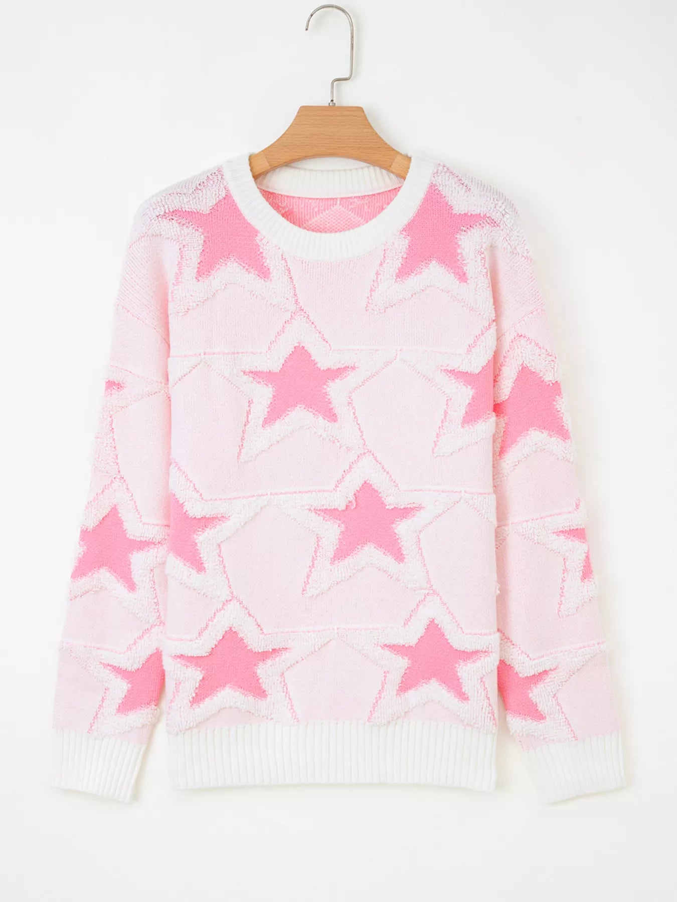 Oversized Star Pattern Ribbed Edge Drop Shoulder Sweater | Sweaters Daverri Fashions