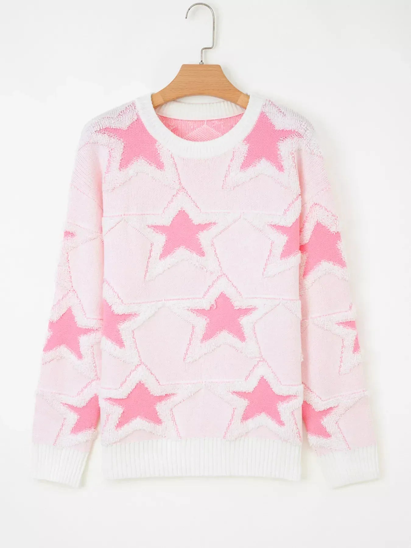 Oversized Star Pattern Ribbed Edge Drop Shoulder Sweater - DAVERRI FASHIONS