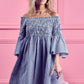 BiBi Smocked Off-Shoulder Blue and White Striped Dress