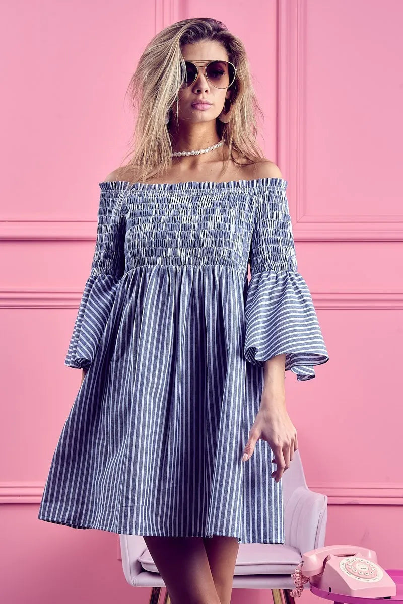 BiBi Smocked Off-Shoulder Blue and White Striped Dress