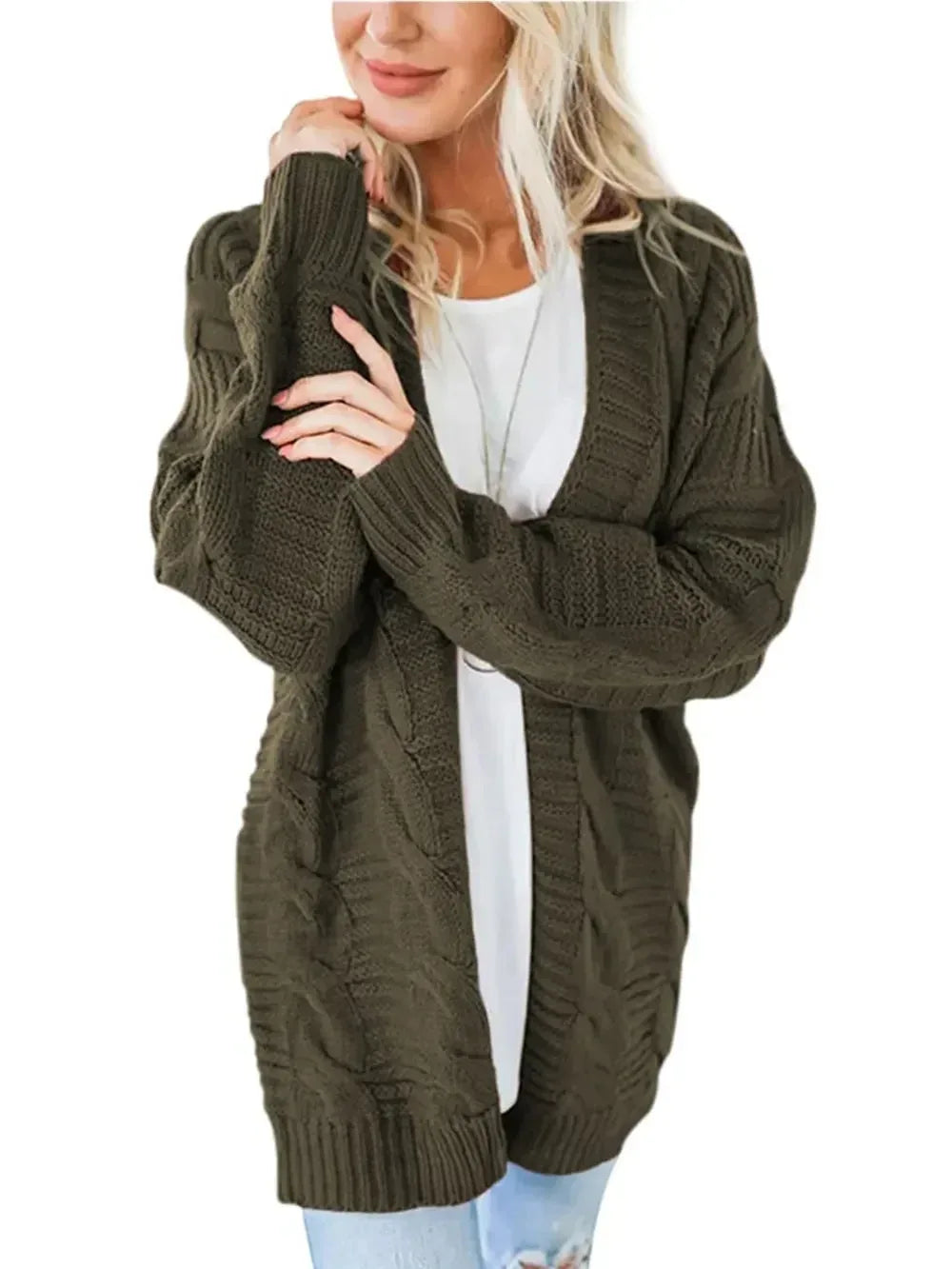 Cable-Knit Open Front Long Sleeve Cardigan - DAVERRI FASHIONS