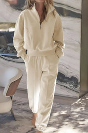 Beige Half Zip Long Sleeve Top and Joggers Set | Loungewear Sets Daverri Fashions