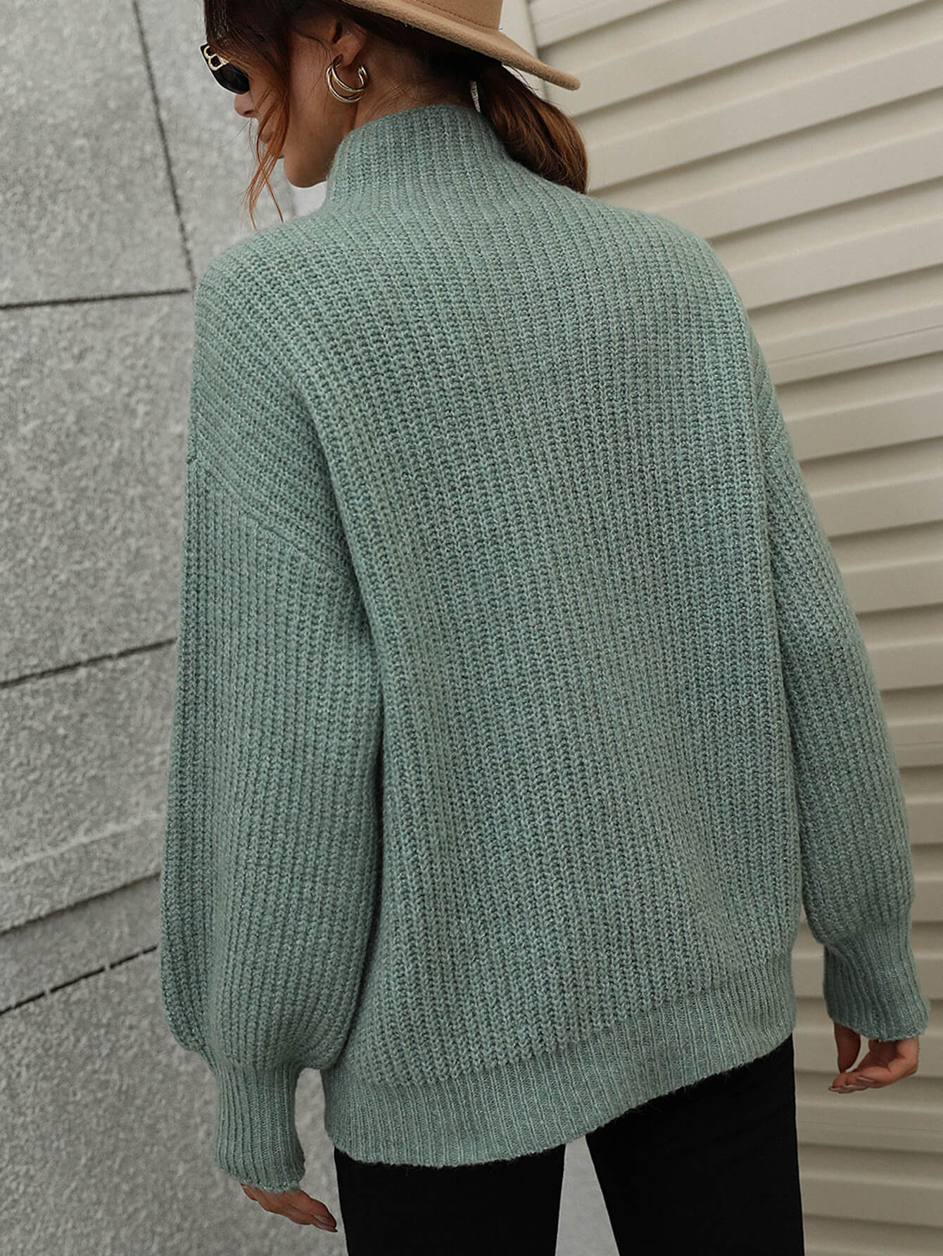 Daverri mint green ribbed turtleneck balloon sleeve pullover sweater