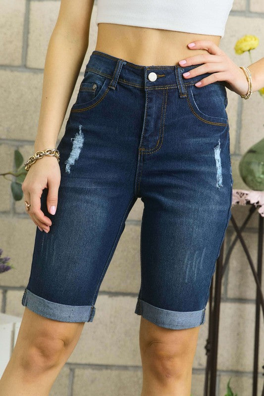 ADORA Distressed Denim Shorts with Pockets Denim