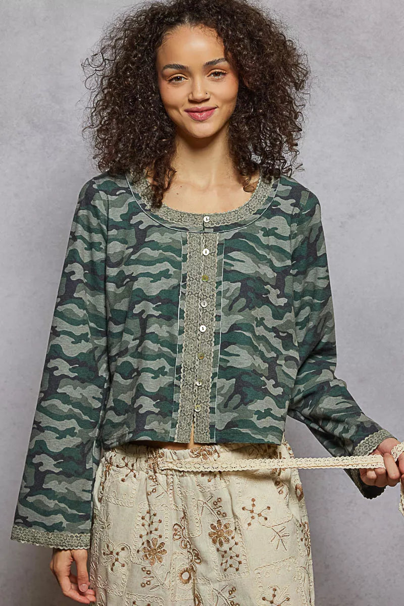 OLIVE CAMO POL Camouflage Print Long Sleeve Top | Blouses Daverri Fashions