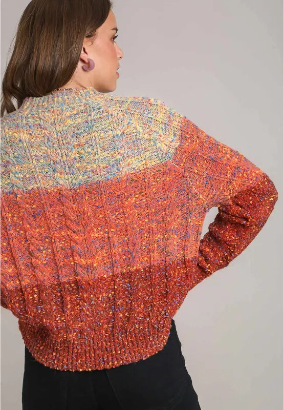 Cable-Knit Color Block Round Neck Long Sleeve Sweater | Sweaters Daverri Fashions