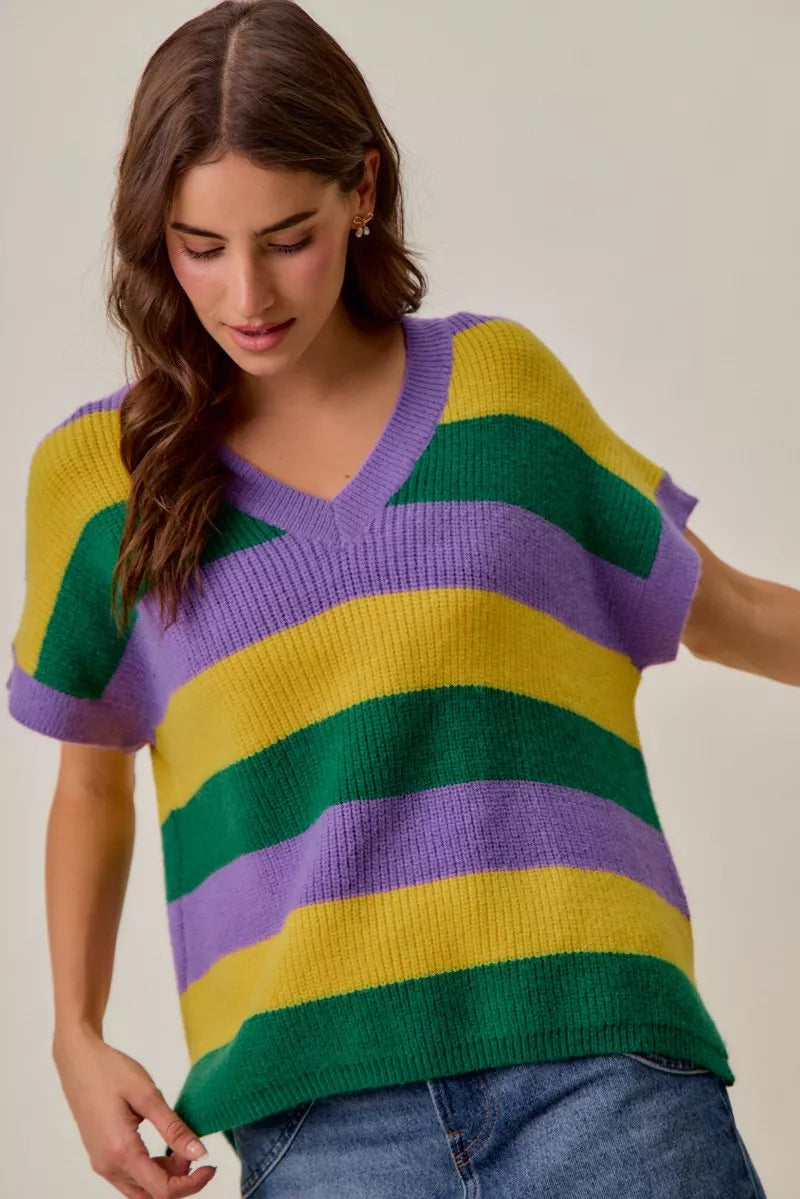 SO ME Mardi Gras loose fit V-neck striped sweater in yellow, green, purple