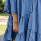 Notched flare sleeve denim dress in soft blue with tiered ruffles and button front