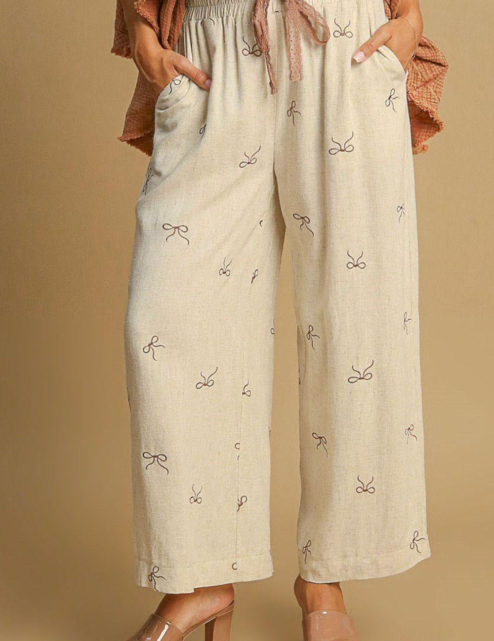 Umgee Lace Drawstring Embroidered Bow Wide Leg Pants | Pants Daverri Fashions