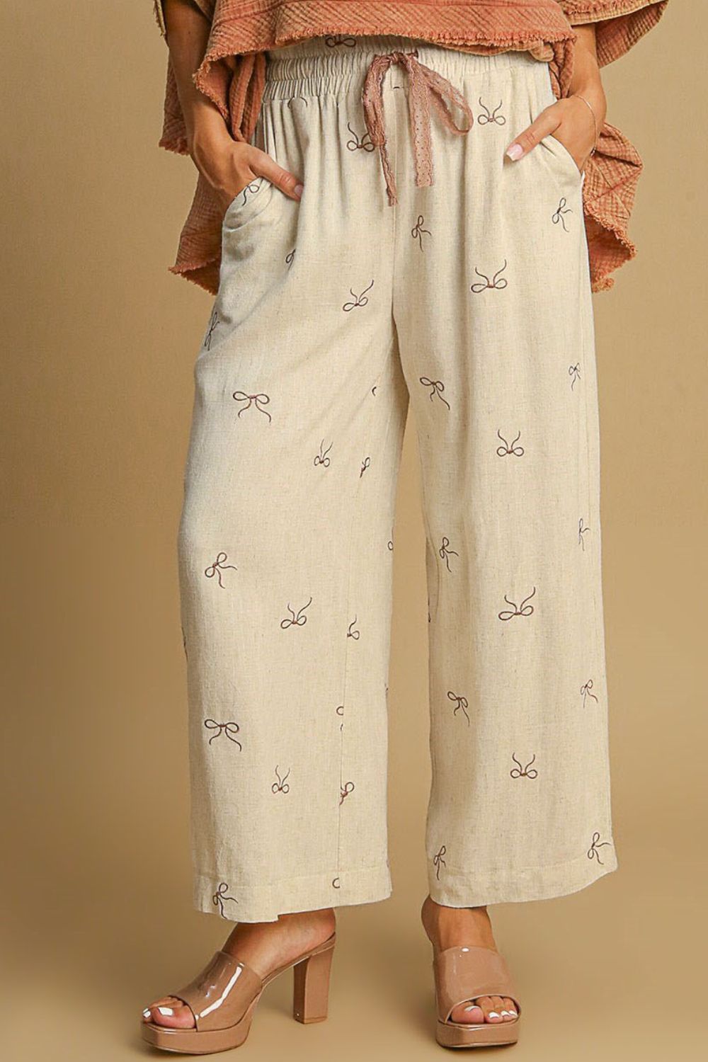 Umgee Lace Drawstring Embroidered Bow Wide Leg Pants Pants