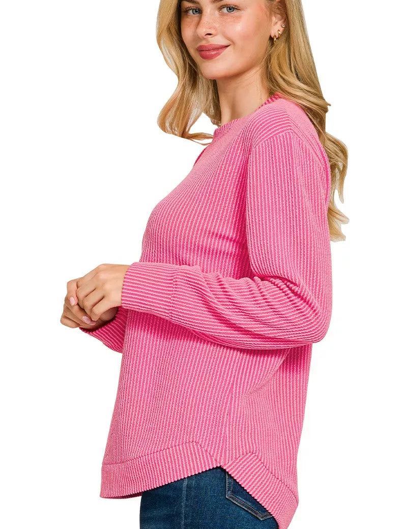 Zenana Full Size Raised Rib Round Neck Long Sleeve Top Plus Size | Daverri Fashions