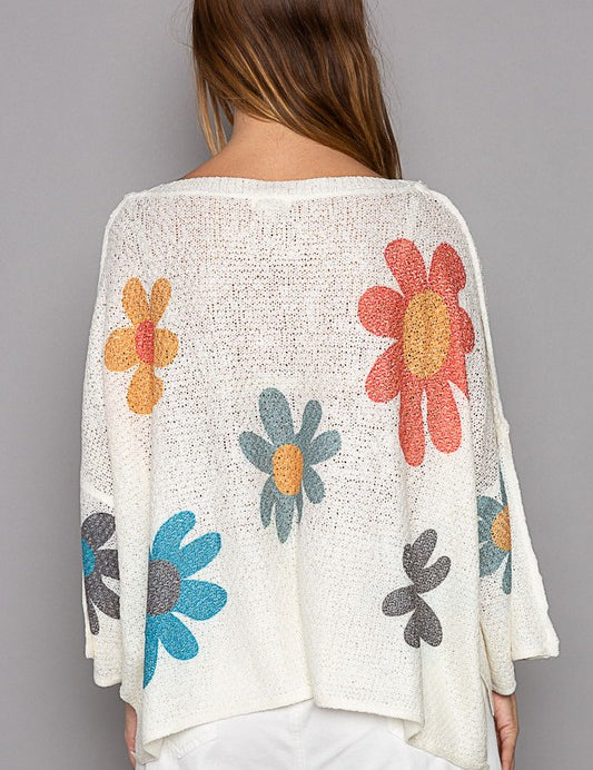 POL Flower Dropped Shoulder Long Sleeve Knit Top