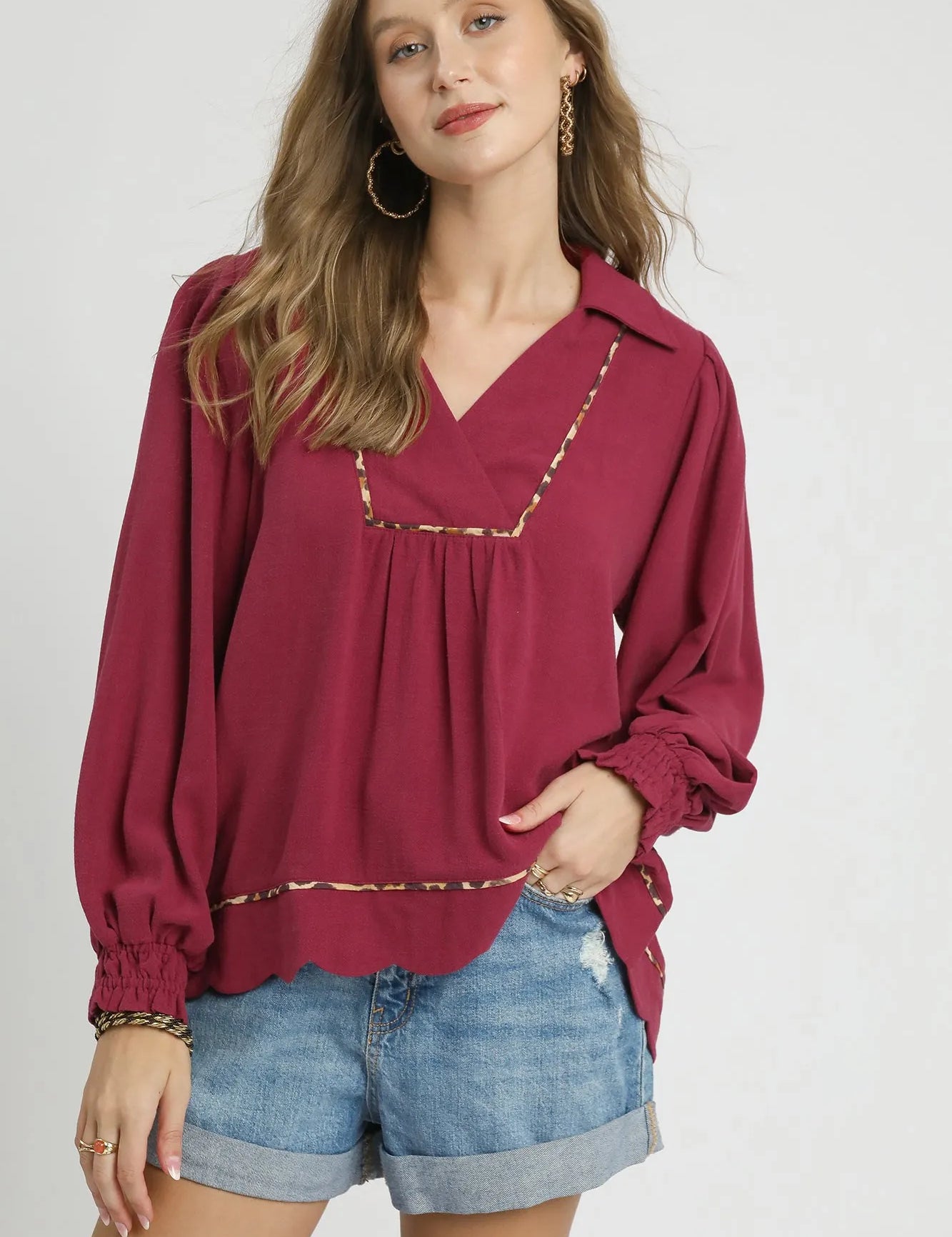 MERLOT Umgee Full Size Linen Scallop Hem Blouse with Contrast Trim Plus Size | Blouses Daverri Fashions