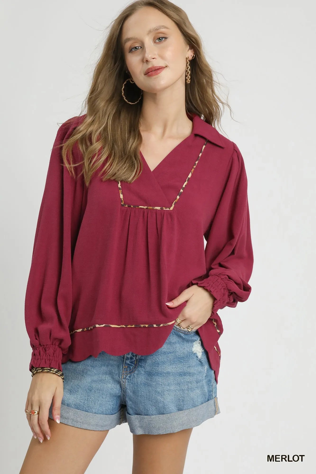 MERLOT Umgee Full Size Linen Scallop Hem Blouse with Contrast Trim Plus Size | Blouses Daverri Fashions