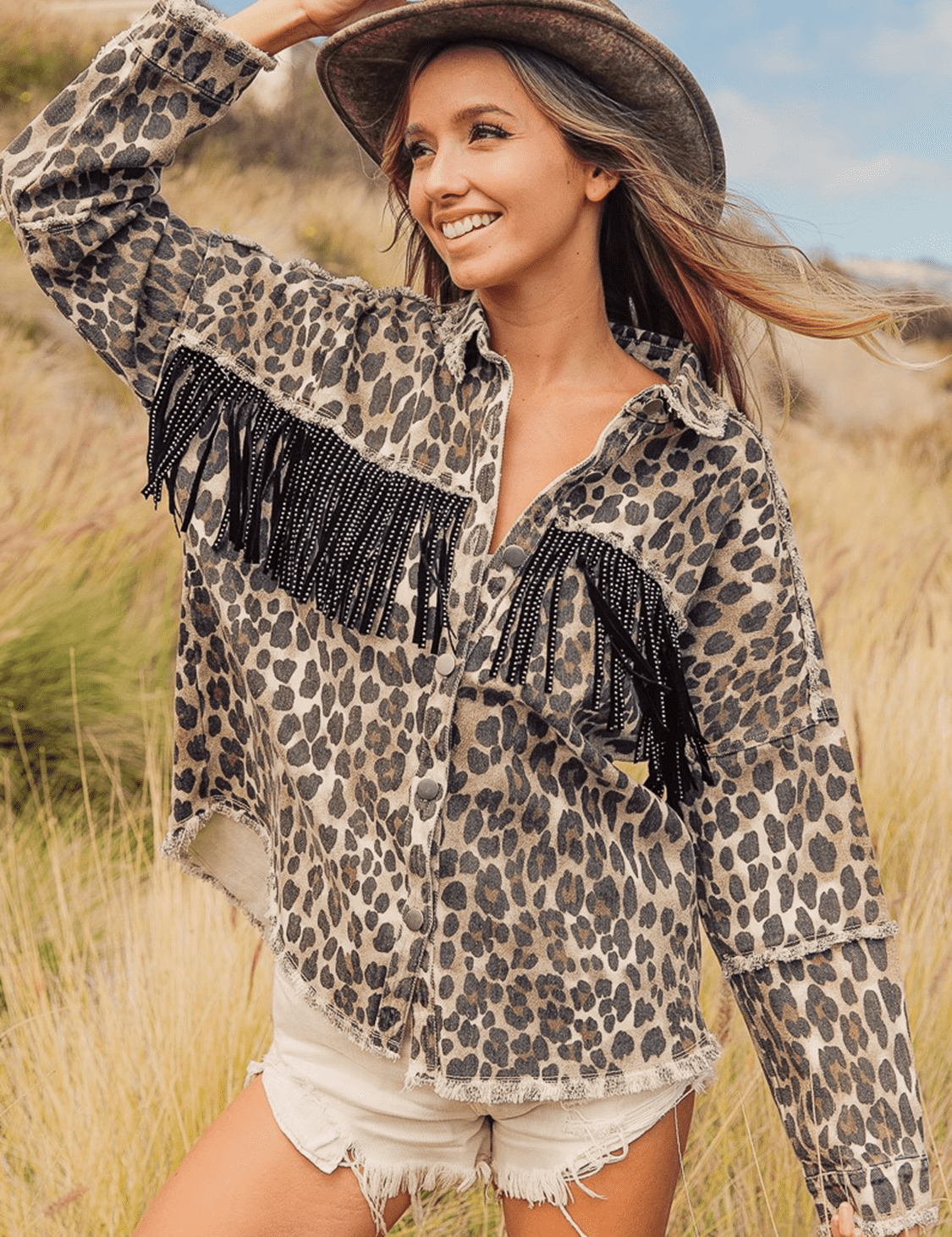 Leopard Leopard Fringe Detail Collared Neck Denim Jacket | Denim Jackets Daverri Fashions