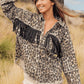 Leopard Fringe Detail Collared Neck Denim Jacket - DAVERRI FASHIONS