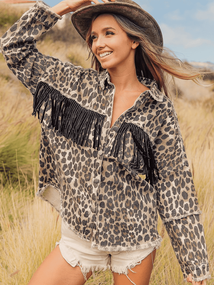 Leopard Leopard Fringe Detail Collared Neck Denim Jacket | Denim Jackets Daverri Fashions