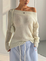 White Ribbed Knit Boat Neck Sweater | Sweaters Daverri Fashions