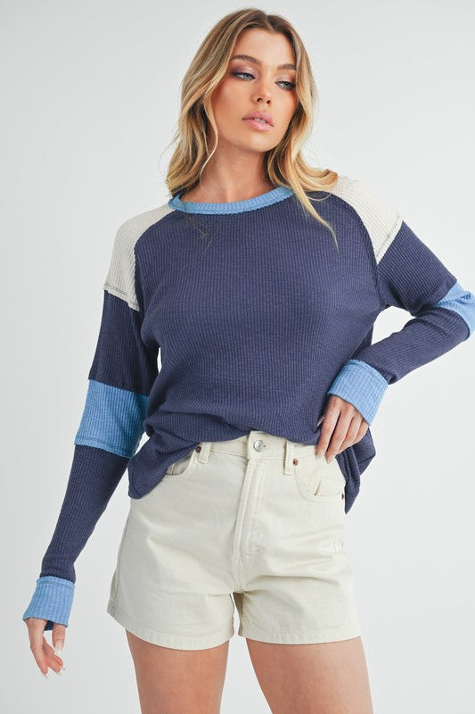 Aemi + Co Raw Seam Color Block Round Neck Knit Top Tops