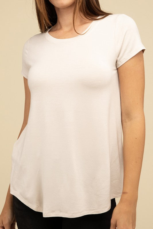 Flowy Round Hem Rayon Short Sleeve Top SAND BEIGE T-Shirts