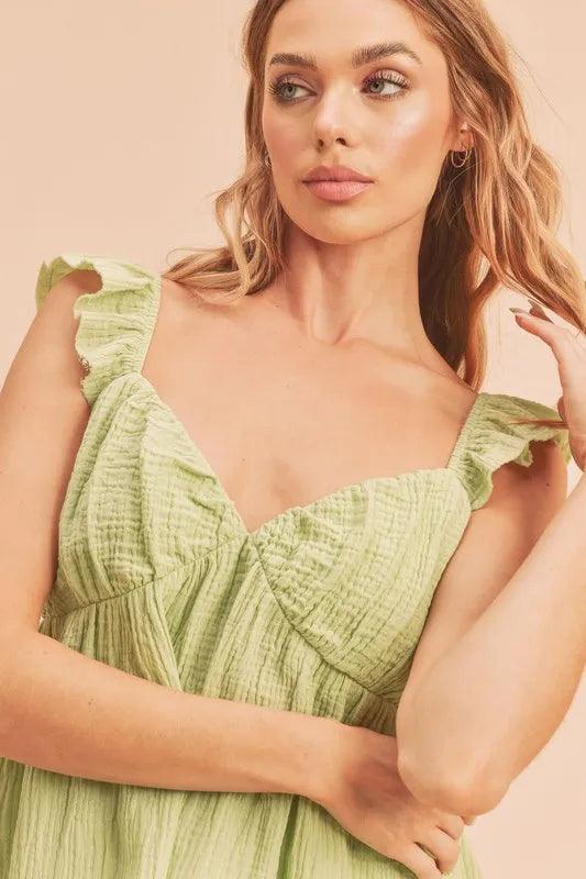 Aemi + Co Sweetheart Neck Ruffled Strap Top Yellow Green | Tops Daverri Fashions