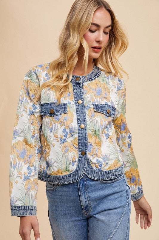 Annie Wear Floral Jacquard Denim Contrast Button Down Jacket Jackets