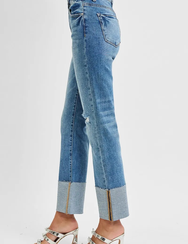RISEN Full Size High Rise Ankle Straight Wide Cuffed Jeans Plus Size | Daverri Fashions