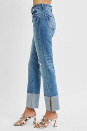 RISEN Full Size High Rise Ankle Straight Wide Cuffed Jeans Plus Size | Daverri Fashions