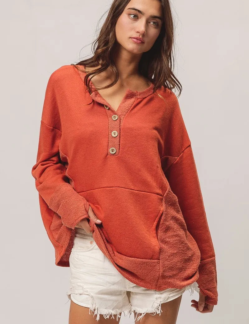 BiBi French Terry Knit Side Block Buttoned Henley Top | Knit Tops Daverri Fashions