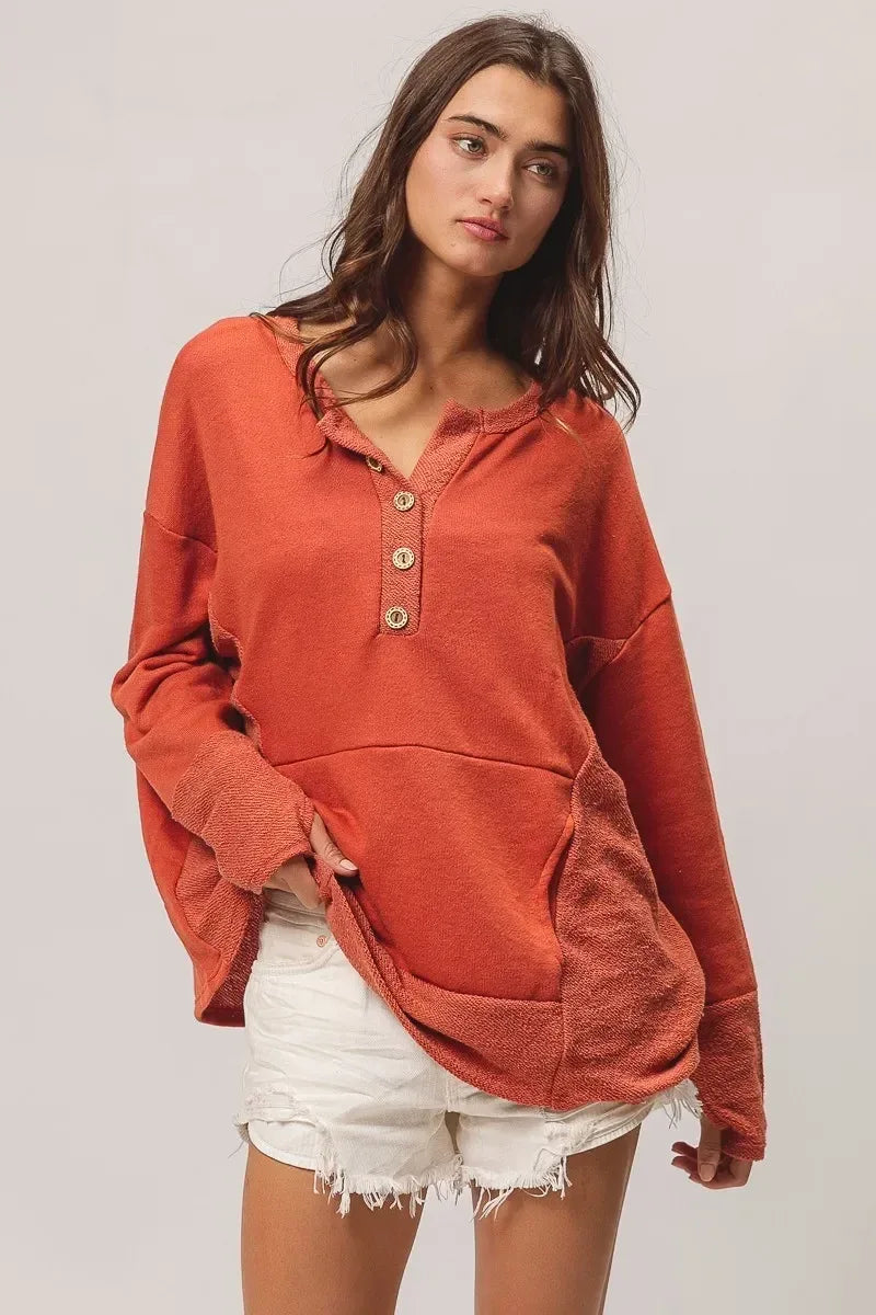 BiBi French Terry Knit Side Block Buttoned Henley Top - DAVERRI FASHIONS
