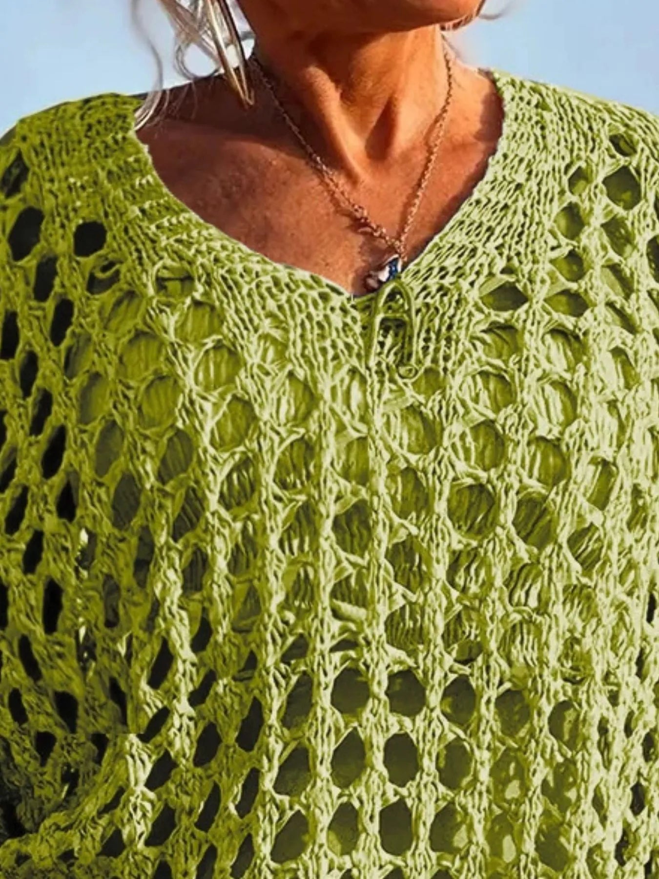 Vibrant lime green crochet long sleeve knit cover up with v-neck lace pattern