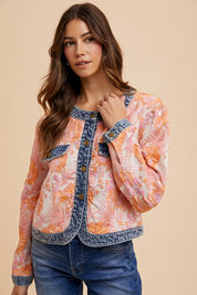 Annie Wear Floral Jacquard Denim Contrast Button Down Jacket Coral Combo Tops