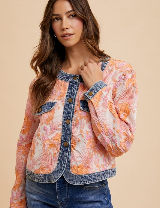 Annie Wear Floral Jacquard Denim Contrast Button Down Jacket Coral Combo Tops