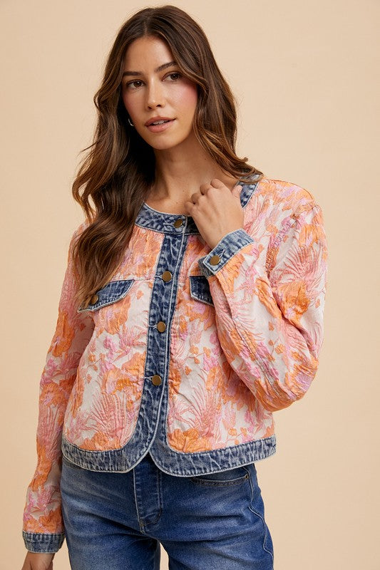 Annie Wear Floral Jacquard Denim Contrast Button Down Jacket Coral Combo Jackets