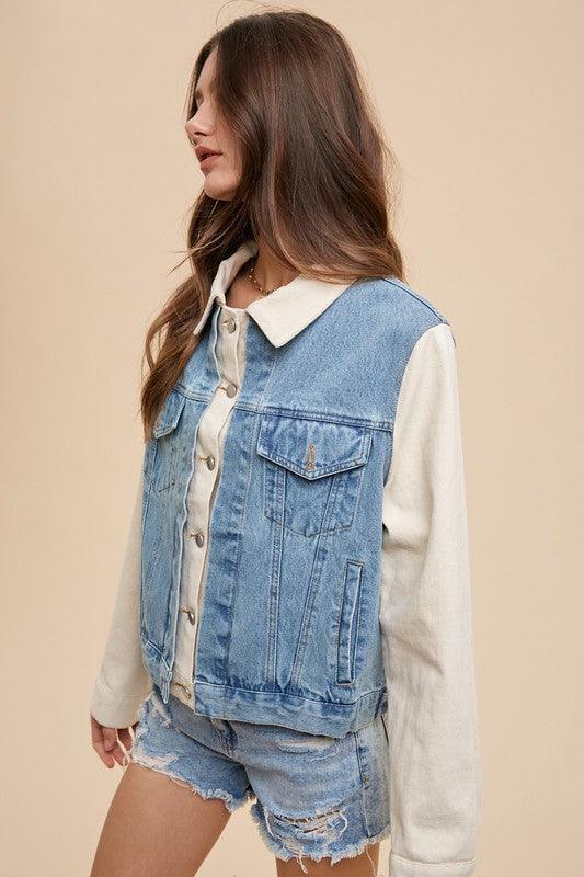 Annie Wear Collared Neck Double Placket Denim Jacket - DAVERRI FASHIONS