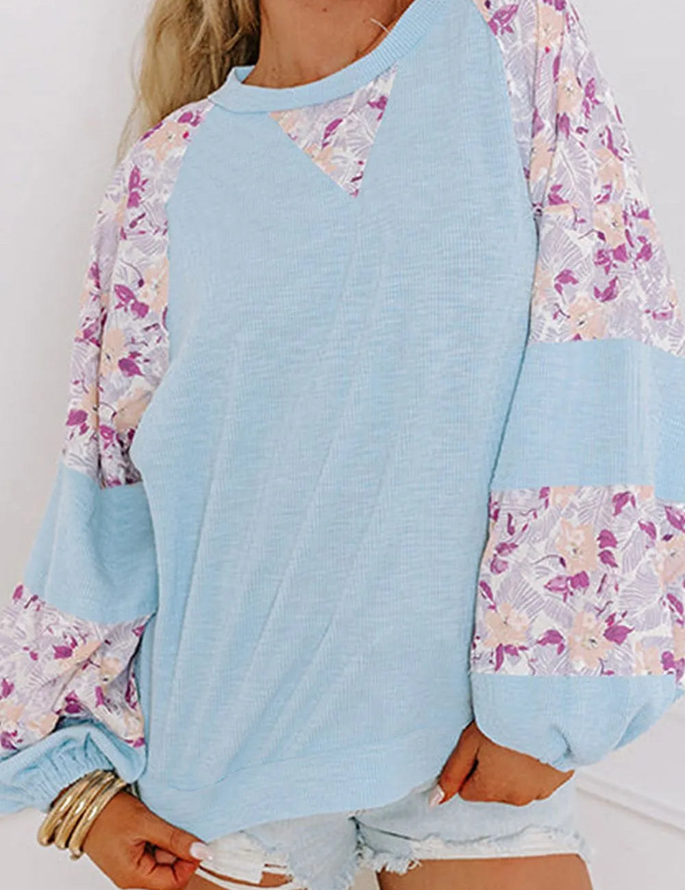 Light Blue Printed Round Neck Balloon Sleeve Sweatshirt | Sweatshirts Daverri Fashions