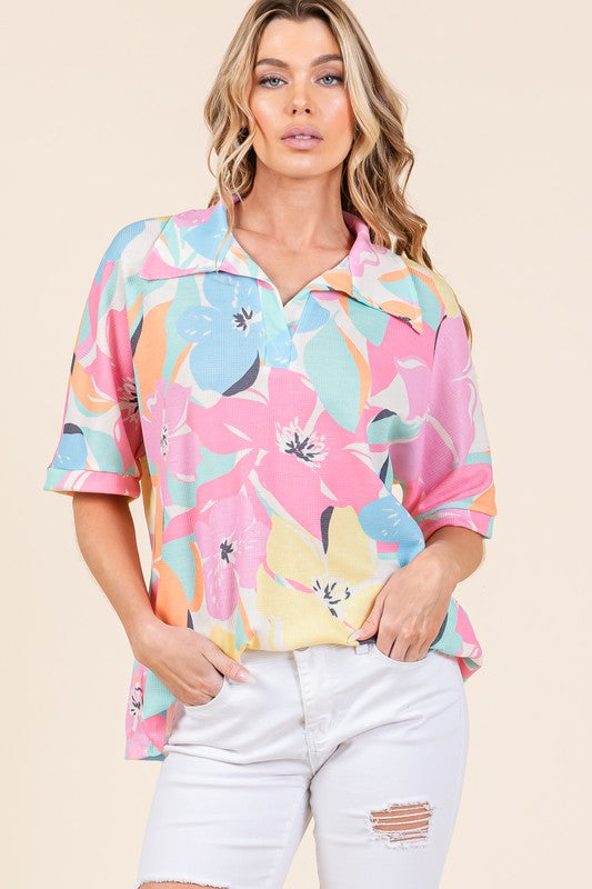 BOMBOM Floral Collared Neck Half Sleeve Top Multicolor Tops